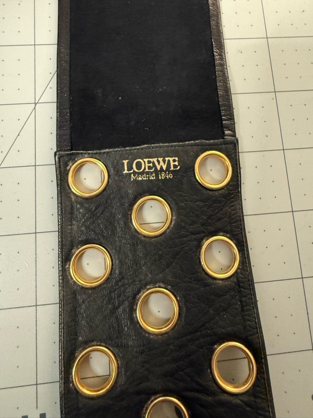 Vintage LOEWE Black Leather Gold Grommet Belt Madrid 1846 Made in France - Picture 3 of 6